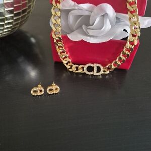 Gold Christian Dior Chain Necklace and Earrings Set